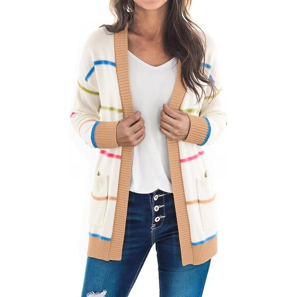 Sweaters - Women's Lightweight Knit Cardigan Open Front Long Sleeve Casual Striped Pockets
